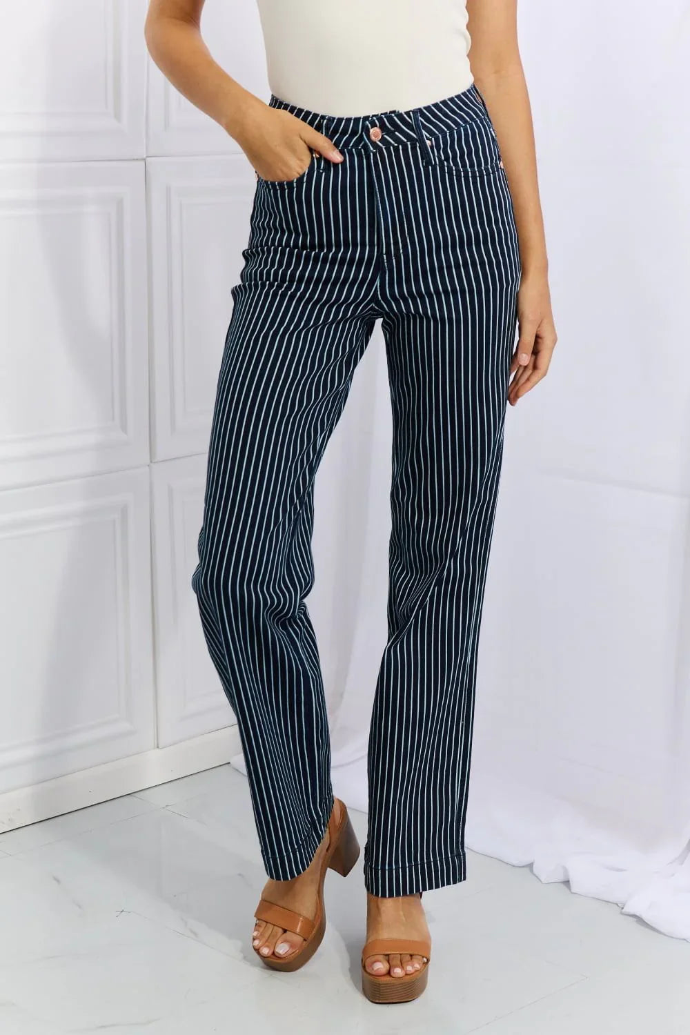 Judy Blue Cassidy Full Size High Waisted Tummy Control Striped Straight Jeans - VILLA FASHION